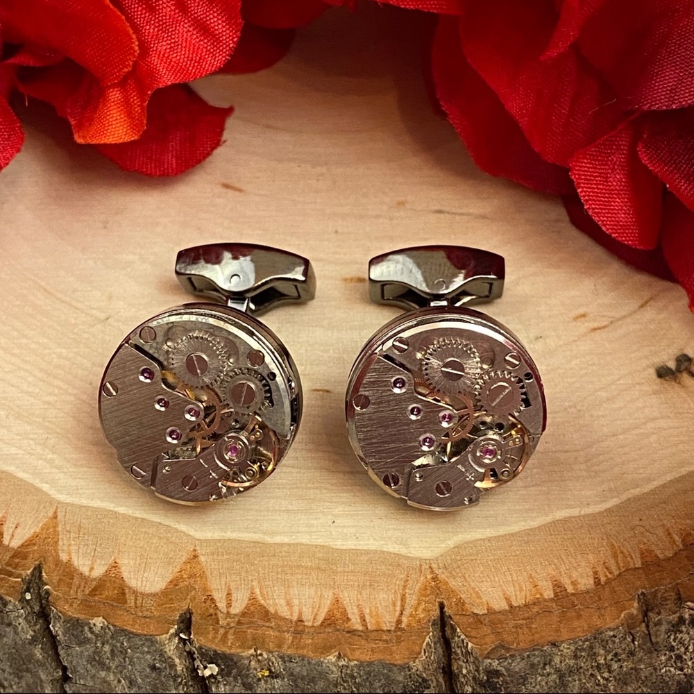 Gunmetal Steampunk Skeleton Clock Gears Cufflinks - Picture 8 of 16